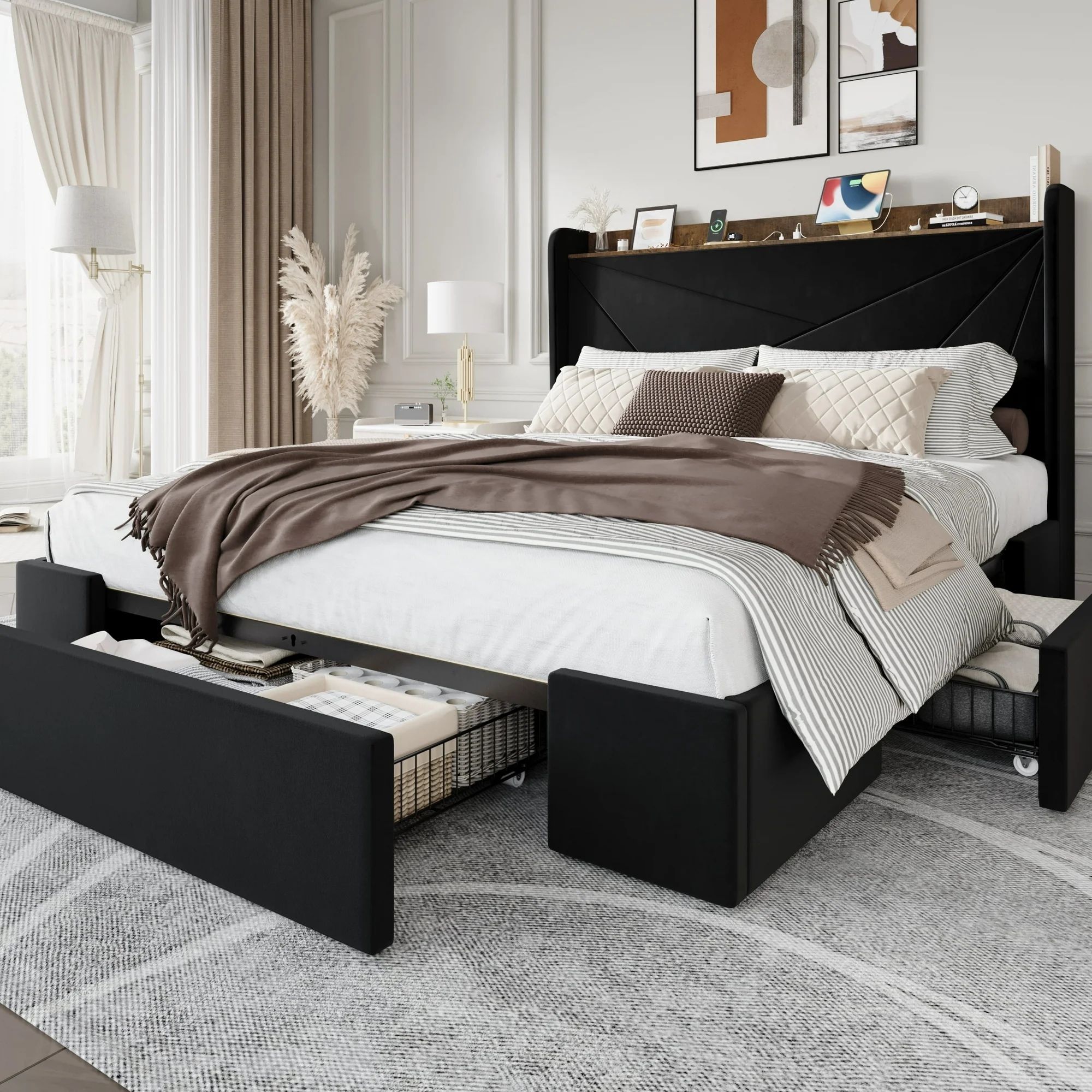 Hero image 0 of Amolife Queen Size Storage Bed Frame with Charging Station & 3 Drawers, Velvet Platform Bed with Upholstered Wingback Headboard, 900 LBS Capacity, Black, 0 of 14 Clearance Visit the Amolife Store Amolife Queen Size Storage Bed Frame with Charging Station & 3 Drawers, Velvet Platform Bed with Upholstered Wingback Headboard, 900 LBS Capacity, Black