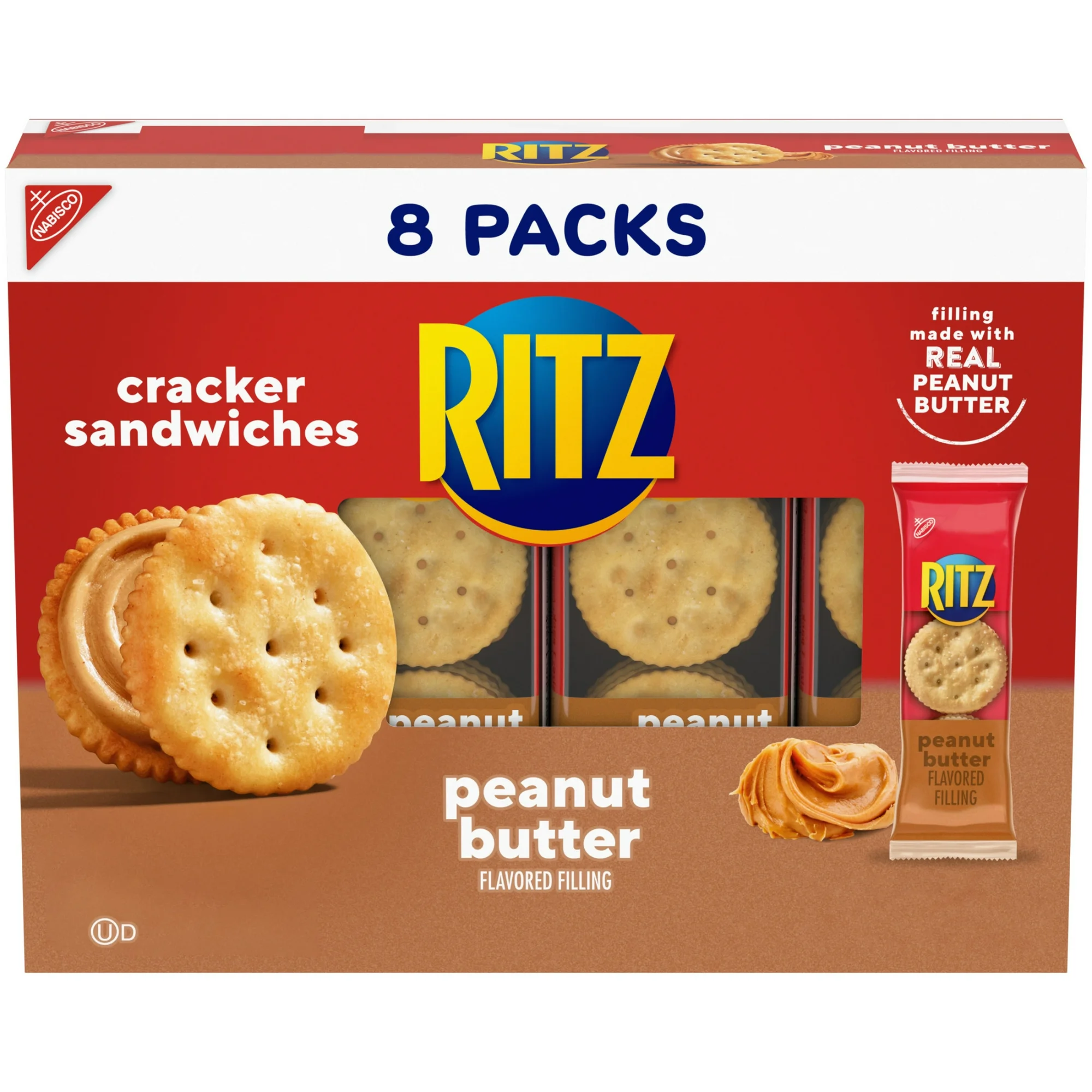 RITZ Peanut Butter Sandwich Crackers, Lunch Snacks, 8 Snack Packs (6 Crackers Per Pack)