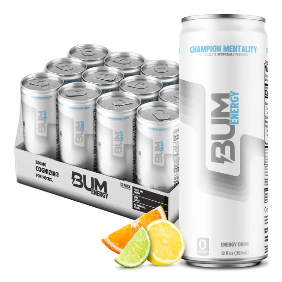 Raw Nutrition BUM Energy Drink, 112 mg Natural Caffeine, Champion Mentality, 12 fl oz, 12 Pack