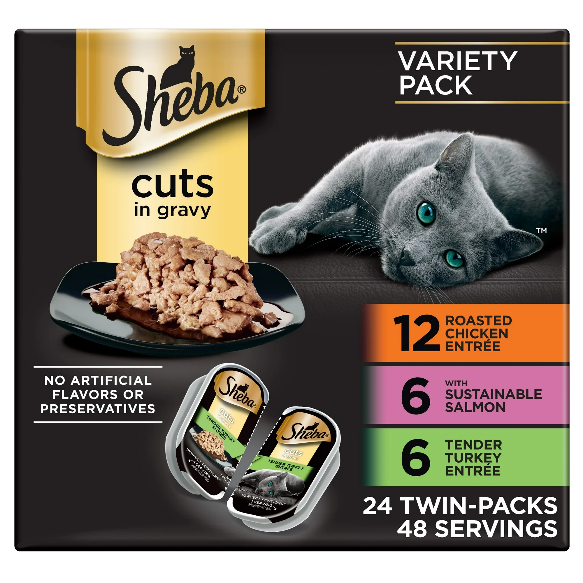 Sheba Perfect Portions Variety Pack Cuts in Gravy Cat Food, 2.6 oz Twin-Pack Trays (24 Count)