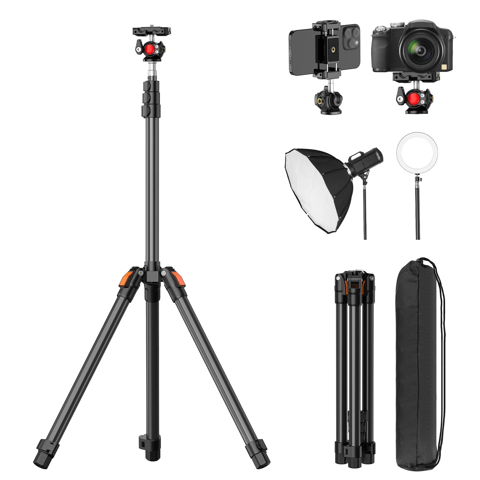 TONEOF Camera Tripod with Travel Bag,Cell Phone Tripod Stand with Mount,Compatible with Phone/Camera/Projector/DSLR/SLR